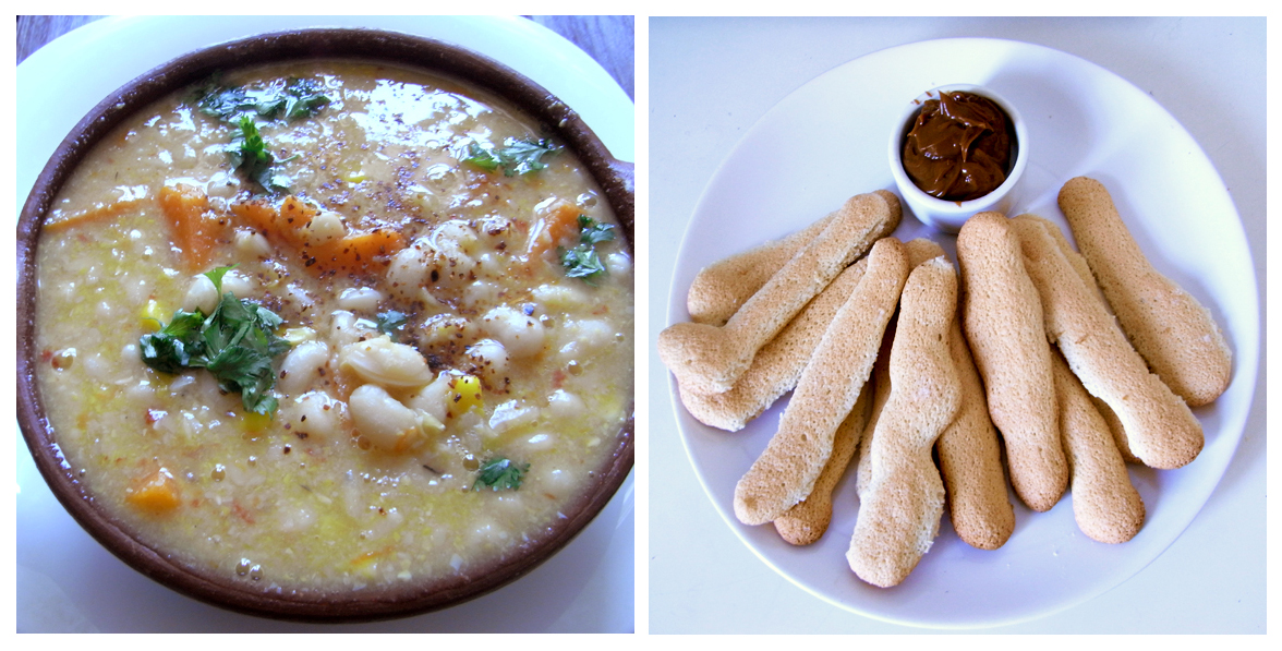 Porotos con mazamorra, nyoras i farigola, melindros con manjar